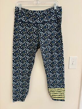 Addison Bay Navy Floral Leggings with Yellow Stripe Trim